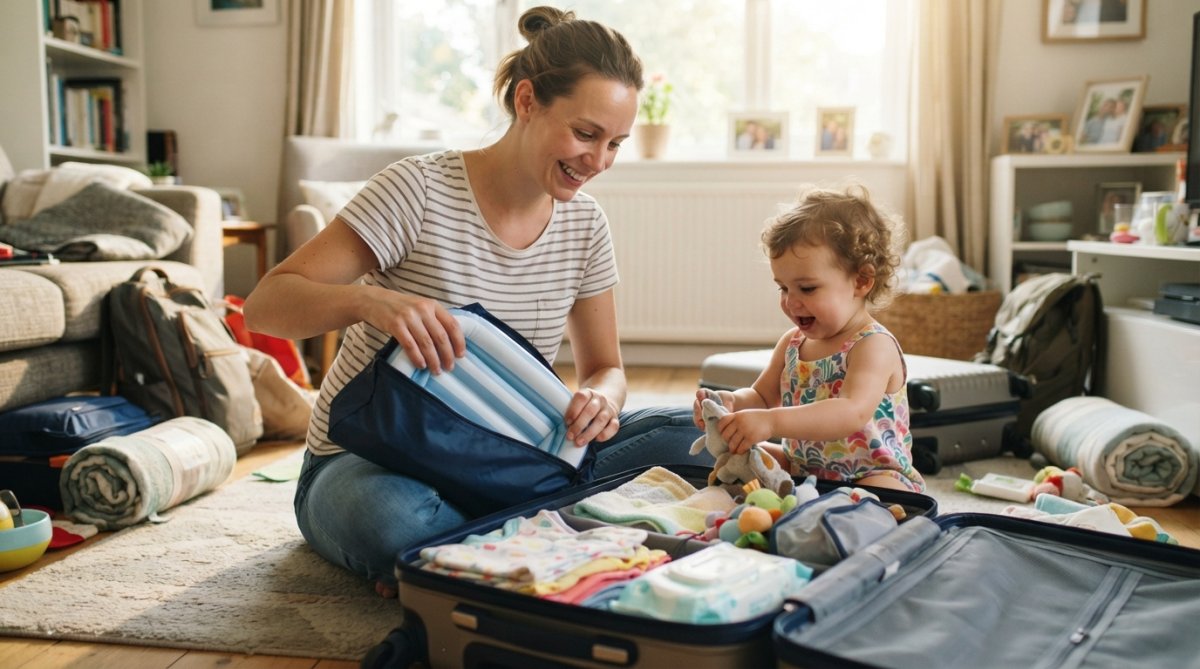 Baignoire gonflable dégonflée et soigneusement pliée dans une pochette de voyage compacte posée sur une valise ouverte entourée d'affaires de bébé, prête pour un départ en vacances en famille