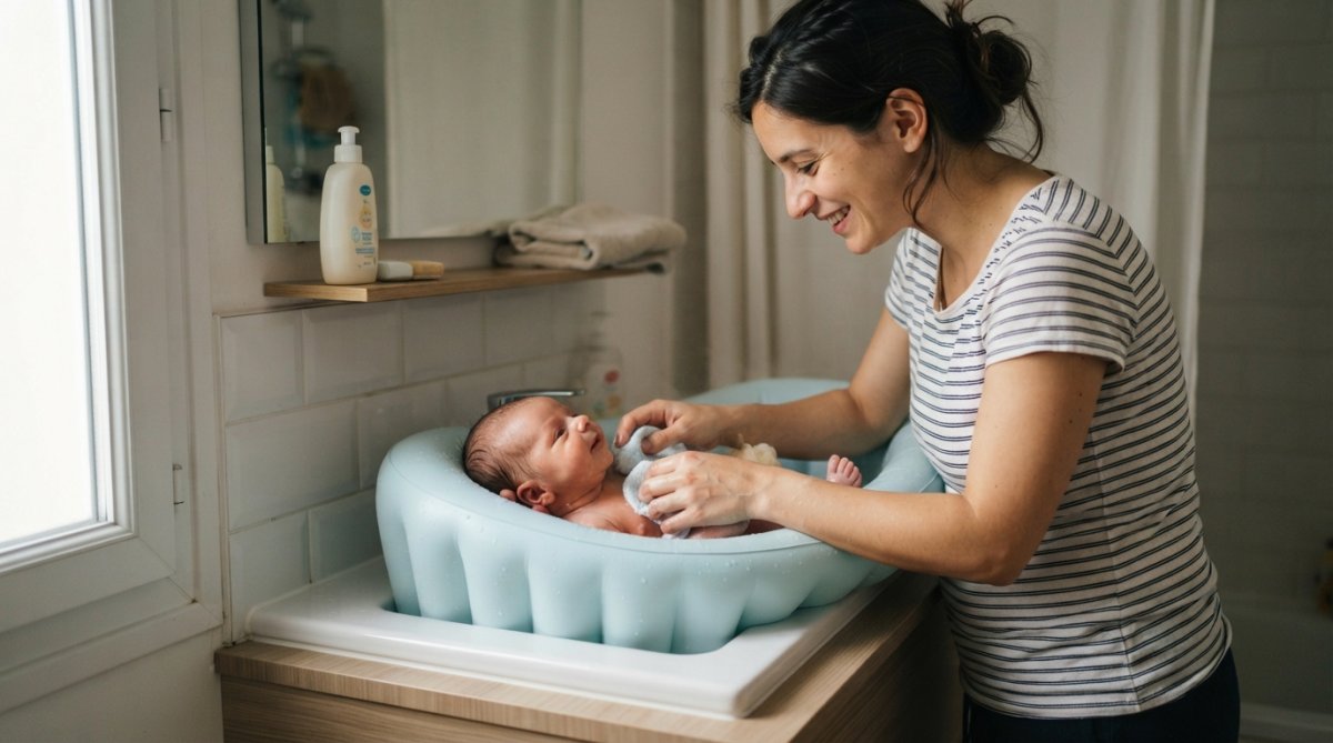 Parent baignant un nouveau-né dans une baignoire gonflable compacte adaptée à un petit évier de salle de bain moderne, montrant la facilité d'installation et l'accès ergonomique sans se pencher excessivement