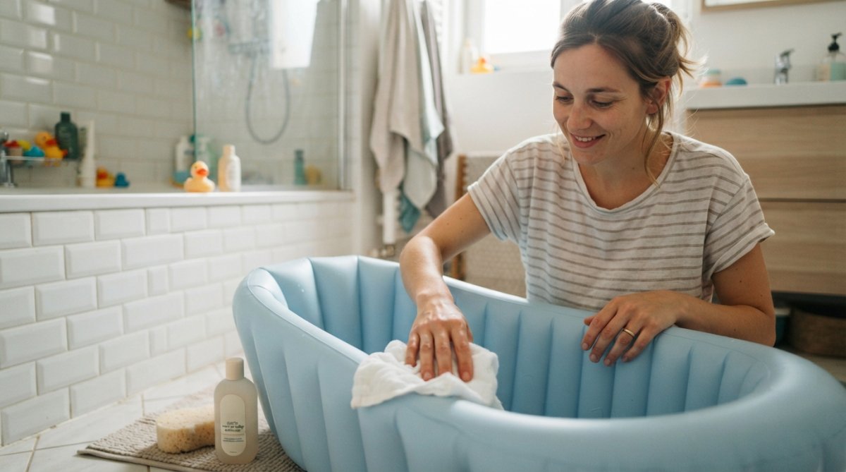 Gros plan sur l'entretien d'une baignoire gonflable avec un chiffon humide et un produit de nettoyage doux, montrant la facilité de maintenance et l'absence de moisissure