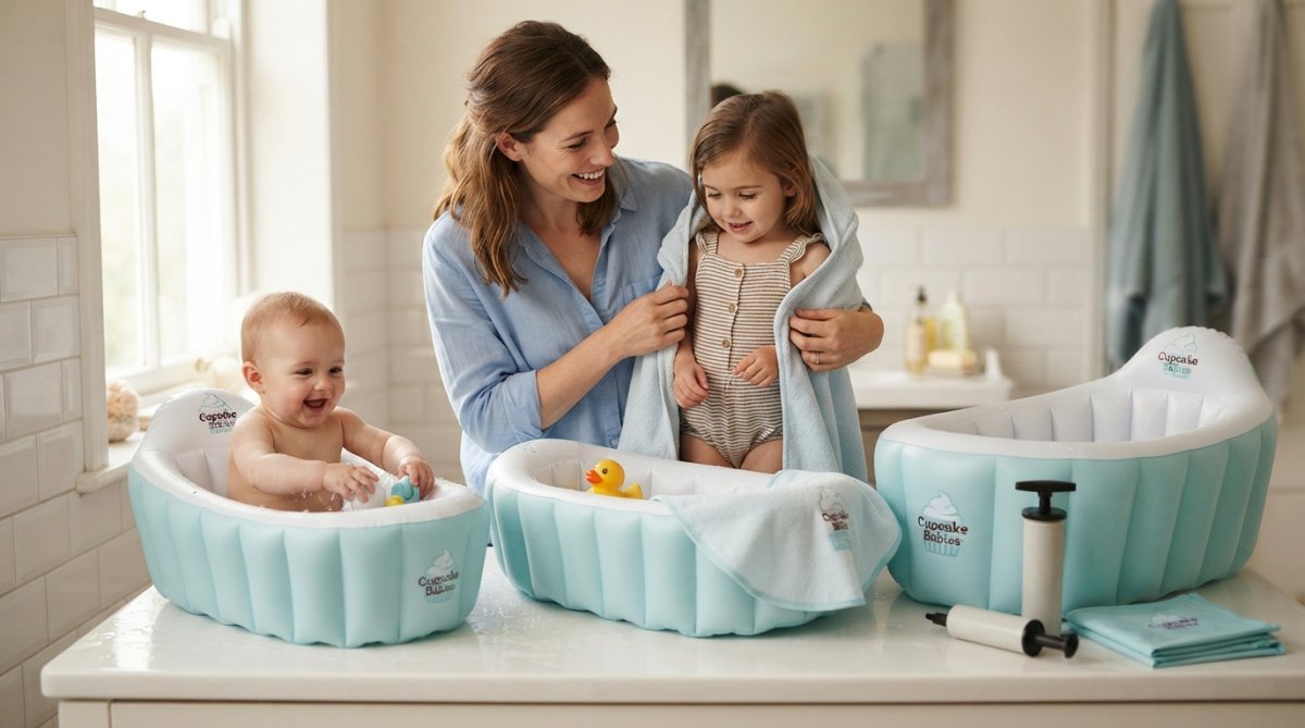 Trois baignoires gonflables Cupcake Babies alignées côte à côte, de gauche à droite : modèle Small, Special Pack avec cape de bain et canard, et modèle BIG, avec pompes et poches de voyage, posées sur un comptoir blanc avec lumière naturelle