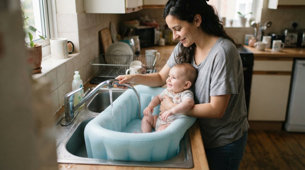 Parent remplissant une baignoire gonflable compacte dans un évier de cuisine avec un bébé prêt à entrer, montrant l'ergonomie et l'espace utilisé sous un éclairage naturel