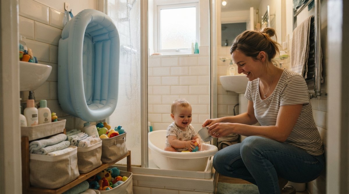 Petite salle de bain avec baignoire gonflable rangée verticalement sur un mur, paniers de rangement et produits de bain organisés de manière compacte sous un éclairage doux
