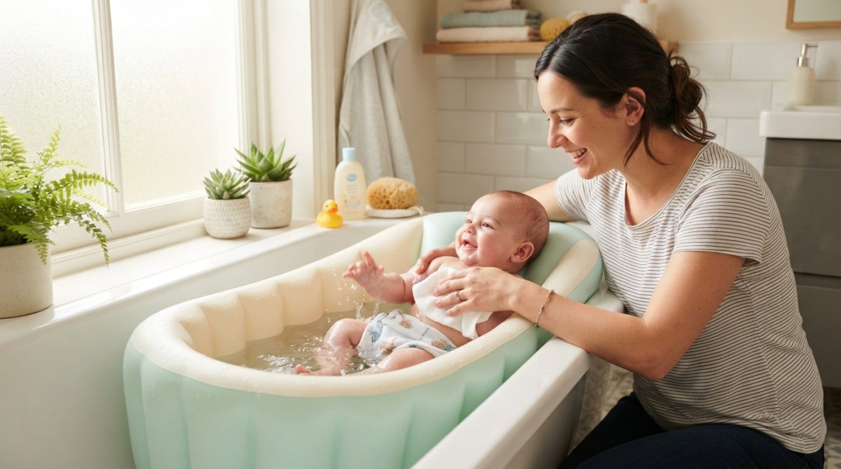 Parent donnant un bain à son bébé dans une baignoire gonflable de couleur pastel, montrant la position ergonomique et le confort du nourrisson, dans une salle de bain lumineuse avec lumière naturelle