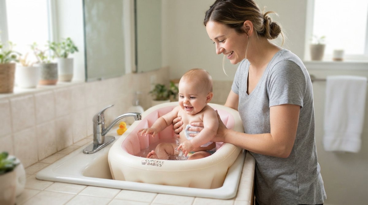 Parent baignant un bébé dans une baignoire gonflable compacte posée sur un évier standard, montrant la posture ergonomique détendue et le confort d'utilisation sans se pencher
