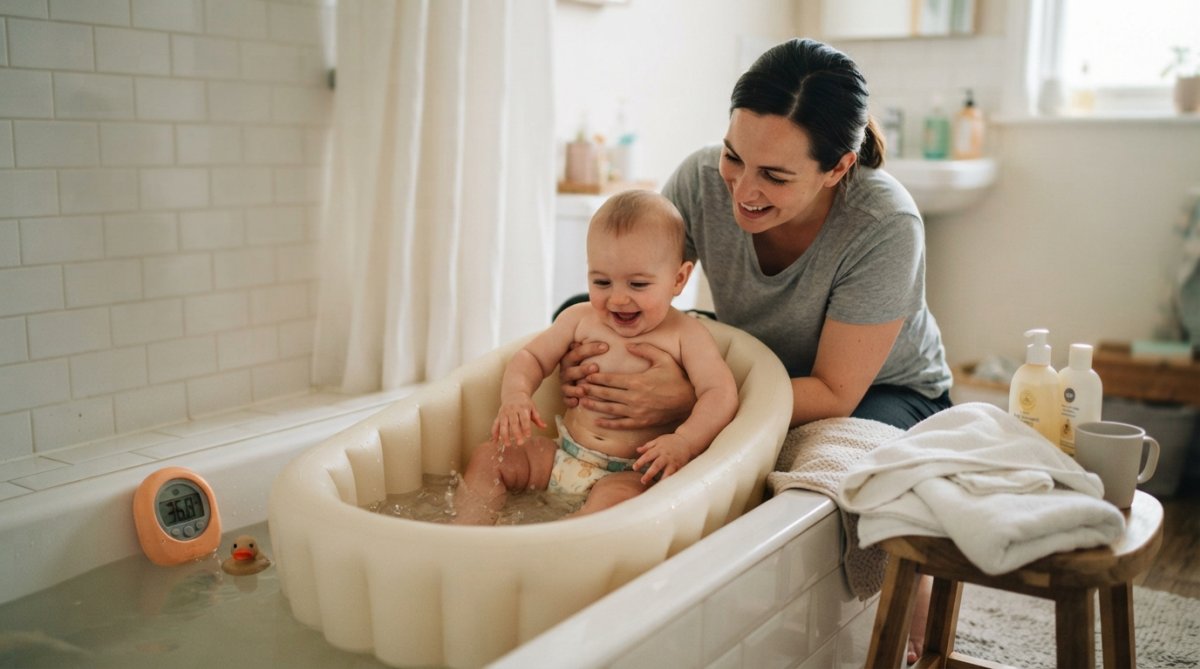 Parent surveillant attentivement un bébé pendant le bain avec thermomètre visible à proximité, montrant l'environnement sécurisé avec accessoires de bain et serviette à portée de main