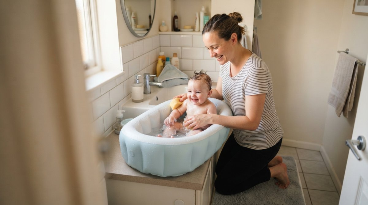 Maman souriante baignant son nouveau-né dans une baignoire bébé gonflable posée sur le plan de travail.