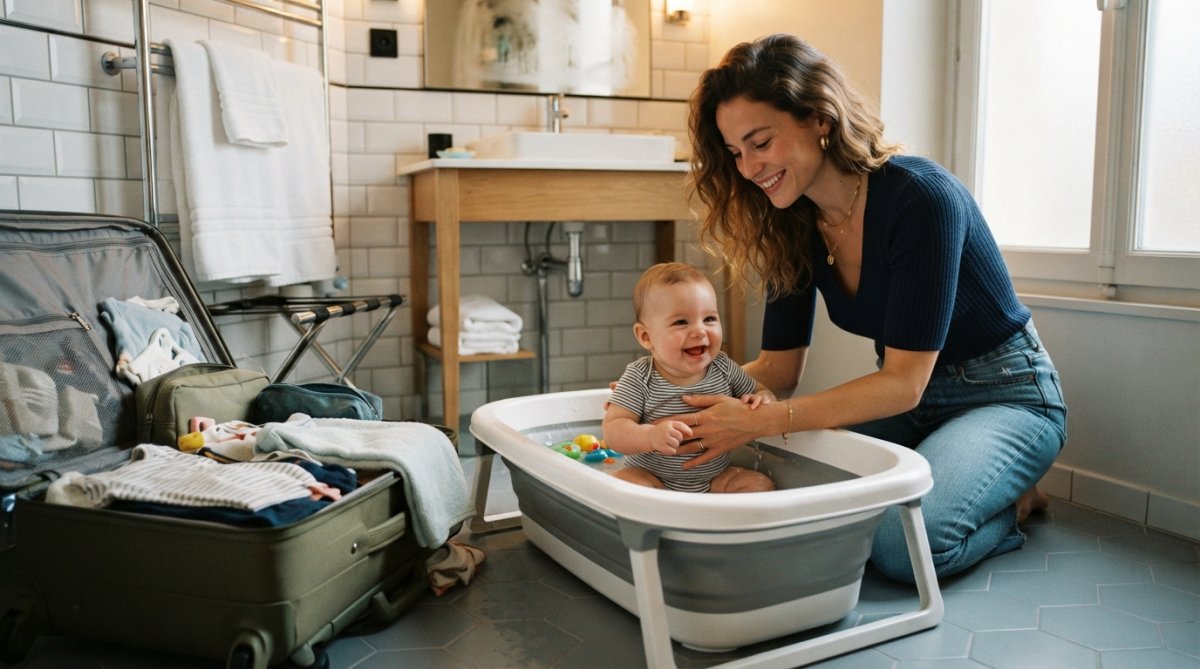 Una vaschetta pieghevole compatta appoggiata sul pavimento piastrellato di un bagno d'hotel, accanto a una valigia aperta con oggetti per bambini, luce naturale soffusa