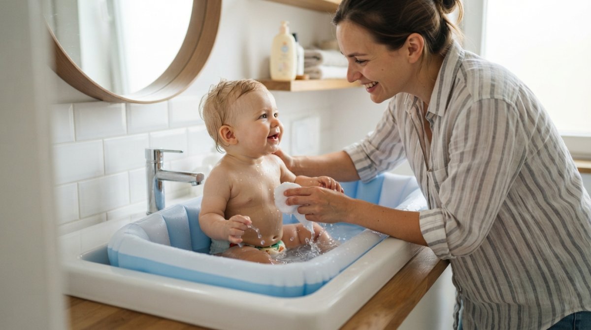 Parent donnant le bain à son bébé dans une baignoire bébé voyage compacte et gonflable installée dans un petit évier moderne.