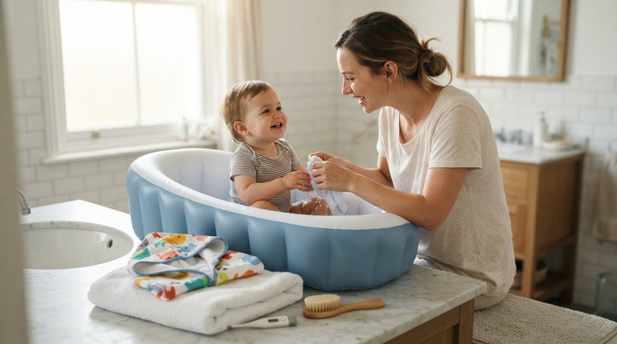 Baignoire bébé voyage compacte gonflable avec accessoires de bain et thermomètre posés sur un plan de travail en marbre