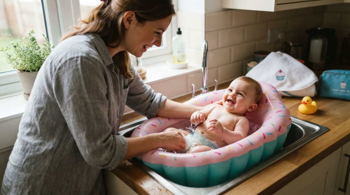 Un nourrisson sourit dans une baignoire gonflable bébé en forme de cupcake posée dans un évier avec son parent qui le