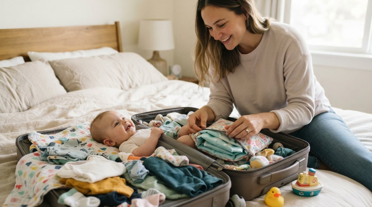 Baignoire gonflable bébé dégonflée dans sa pochette de transport compacte posée sur un lit à côté d'une valise ouverte.