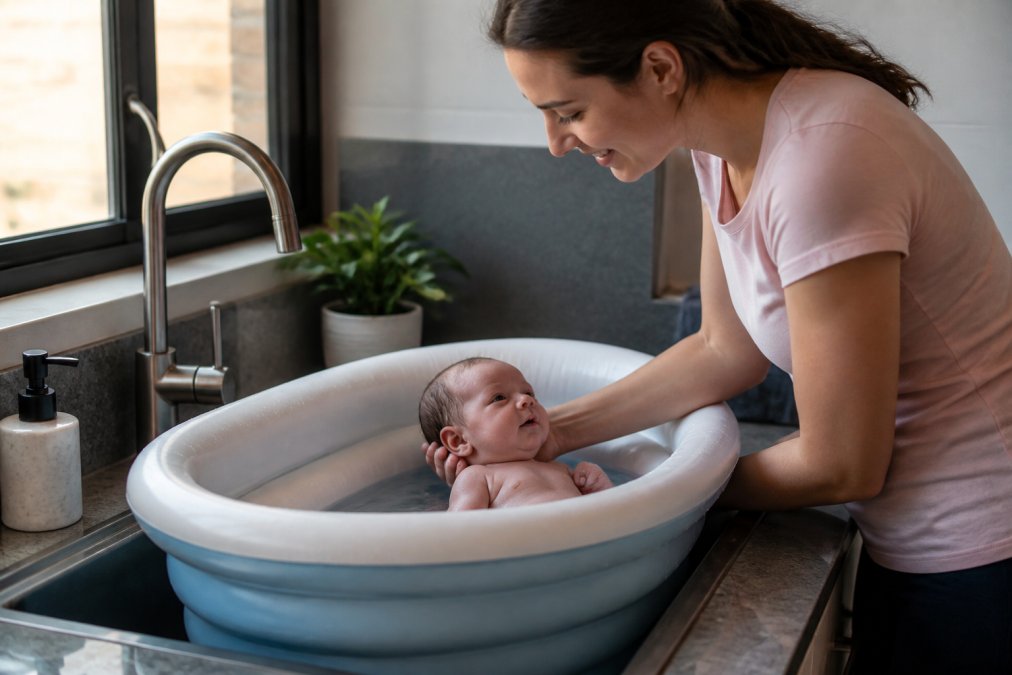 Parent baignant un nouveau-né dans une baignoire gonflable compacte placée dans un petit évier d'appartement, montrant l'ergonomie et la praticité de la solution avec un éclairage naturel