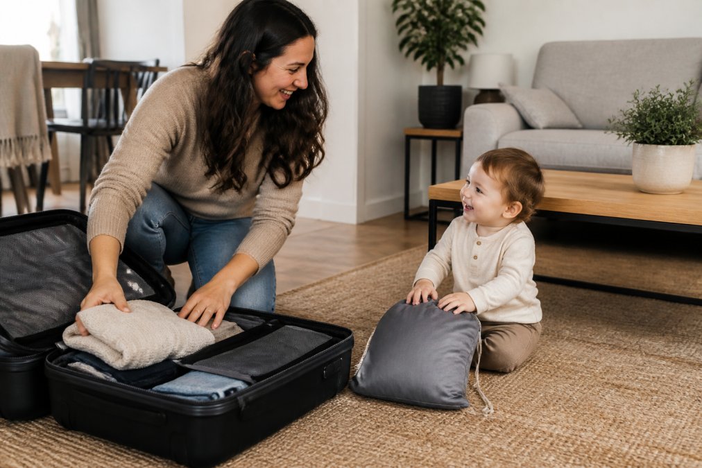Baignoire gonflable pliée et rangée dans une pochette de voyage compacte à côté d'une valise, illustrant la portabilité et le gain de place pour les familles nomades avec un éclairage naturel
