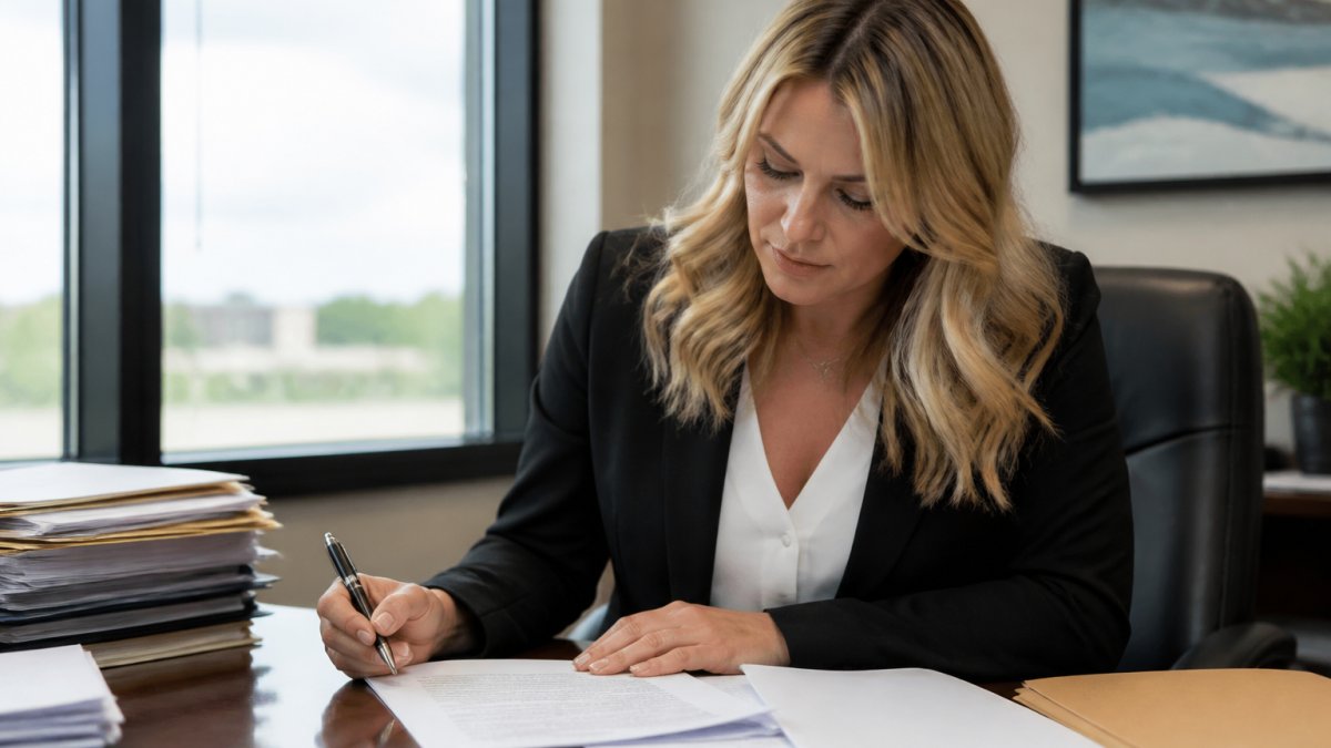 Professional consultant reviewing bail bond documents and contracts at desk in modern office with natural lighting, representing legitimate bail bond consultation and verification