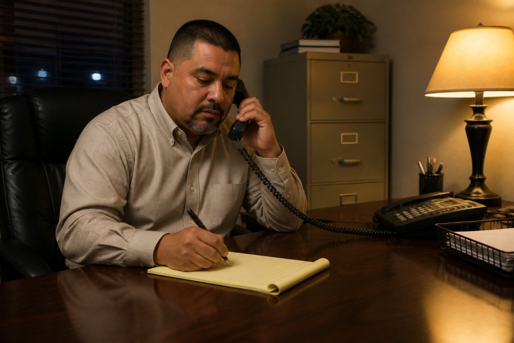 Bail bondsman working late at a desk at one of the top bail bond companies in Lubbock Texas