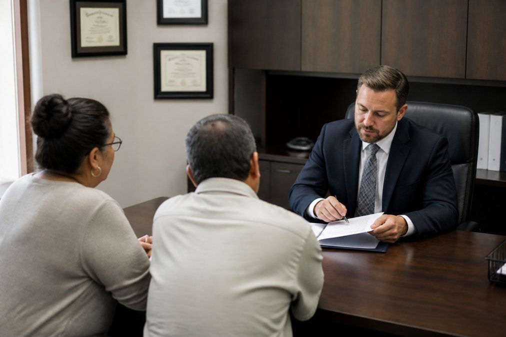 A professional bondsman in a pressed suit reviewing a contract with a concerned family member across a desk, a physical office with framed licenses visible in the background