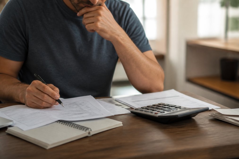 Person reviewing bail bond paperwork and financial documents at a desk with calculator, pen, and legal forms in natural office lighting