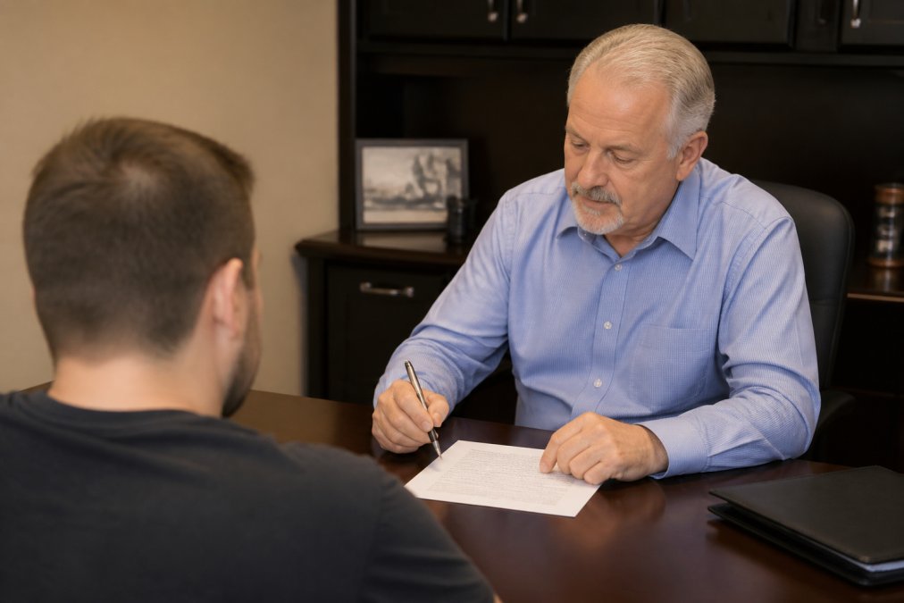 Professional bondsman in office setting speaking with client across desk, demonstrating legitimate business interaction with contract documents and professional environment