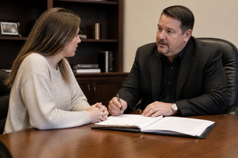 Family member speaking with bail bondsman at professional office desk with documents visible, showing reassurance and guidance during a difficult moment