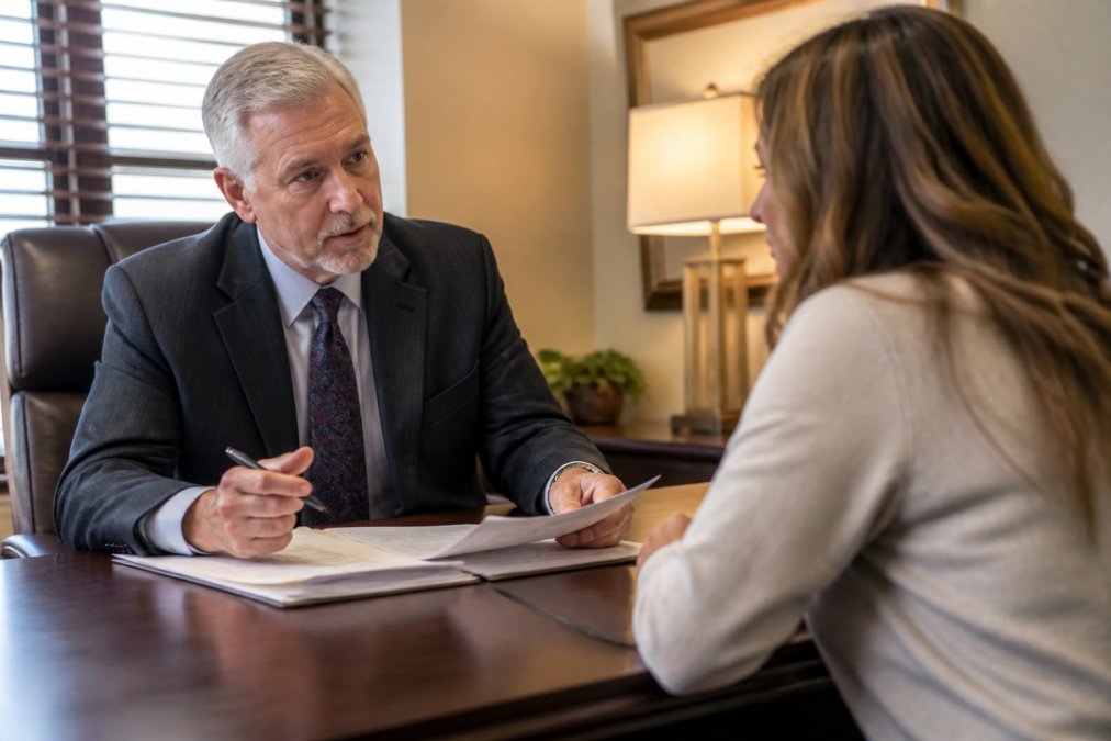 Professional bail bondsman in office speaking with family member across desk, reviewing bail paperwork and process documents under warm office lighting