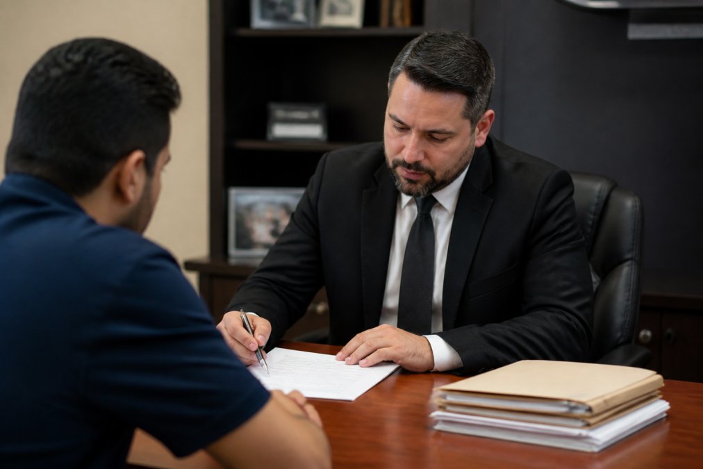 A professional bail bond agent reviewing paperwork with a client across a desk in a well-lit office, documents and a pen visible