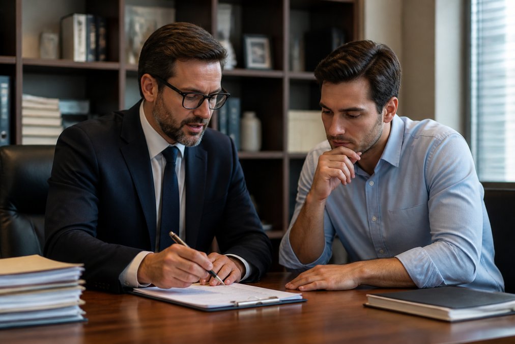 Professional criminal defense attorney in consultation with client in modern law office, reviewing documents and discussing case strategy at wooden desk with natural office lighting, showing engaged communication