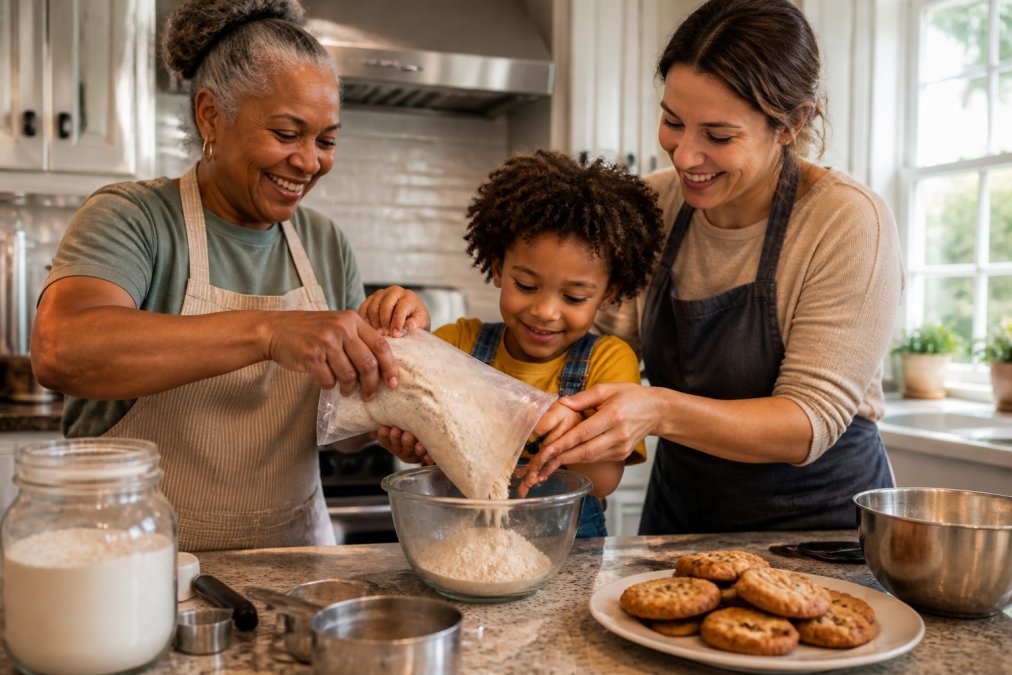 Infographic illustrating the step-by-step process of baking with kids for busy families in a home kitchen.