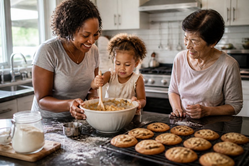 A warm home kitchen scene showing a diverse family baking together: a young Black mother and her toddler of mixed heritage stirring cookie dough in a large bowl, flour dusted on the counter, a grandmother of Asian descent smiling nearby, freshly baked golden cookies cooling on a wire rack in the foreground, natural window light, candid and lifelike