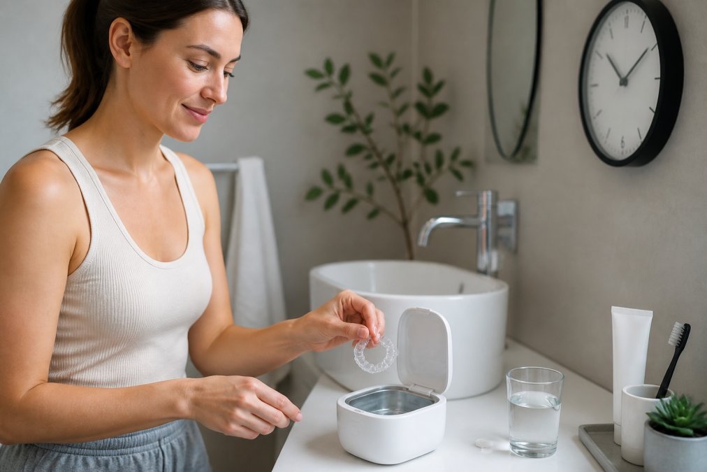 Person, die ihre Zahnschiene in ein Ultraschallgerät mit Reinigungstabletten legt, mit Badezimmerhintergrund und Uhr sichtbar