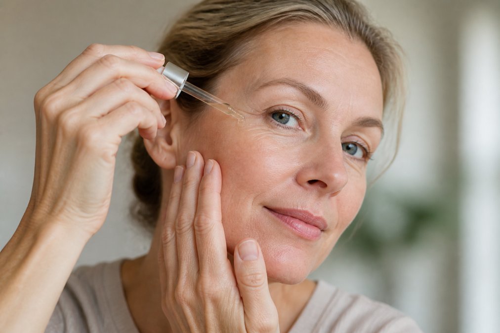 Close-up of a woman's hands gently applying a serum drop to her cheek, soft natural light, clean aesthetic background