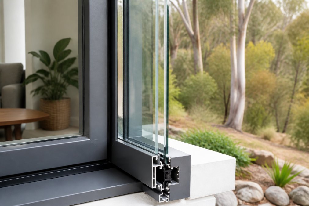 Close-up photograph of a modern aluminium window frame with double glazing installed in a contemporary home, showing the thermal break profile and clean architectural lines against a bushland backdrop