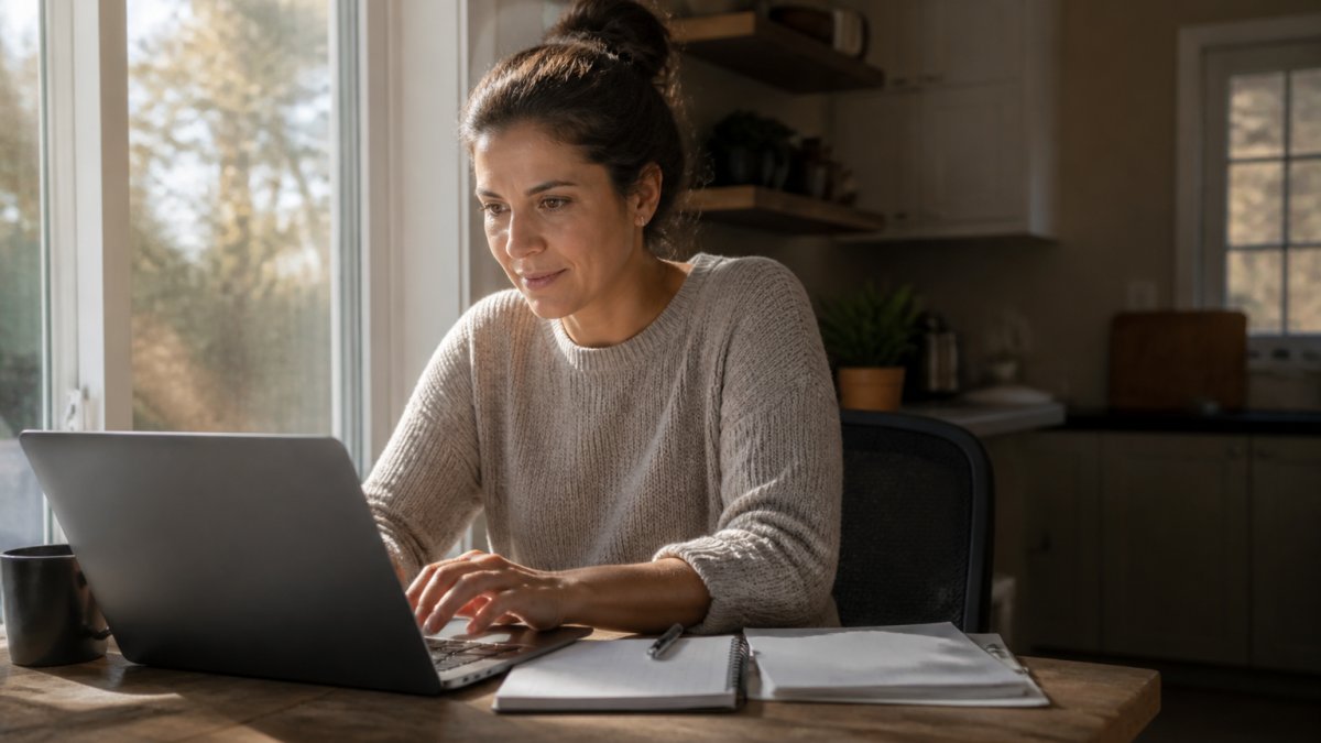 Parent focused at a laptop, balancing family life and professional training during a quiet early morning.