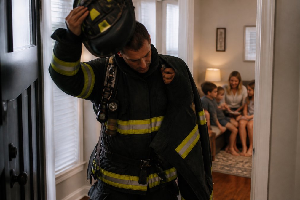 Firefighter in full turnout gear removing helmet and coat at home's front entrance, transitioning from duty mindset to family time, with warm indoor lighting and family visible in background