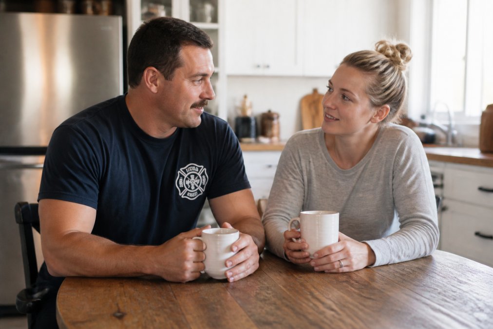 Firefighter and spouse sitting together over morning coffee at kitchen table, having meaningful conversation with warm natural light, showing authentic emotional connection and communication