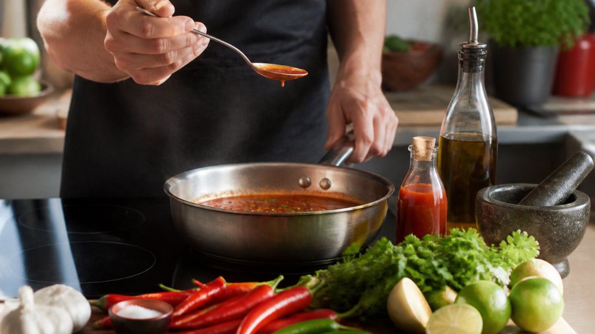 Hands tasting a spoonful of sauce from a simmering pan with fresh chillies, lime, and herbs on the counter.