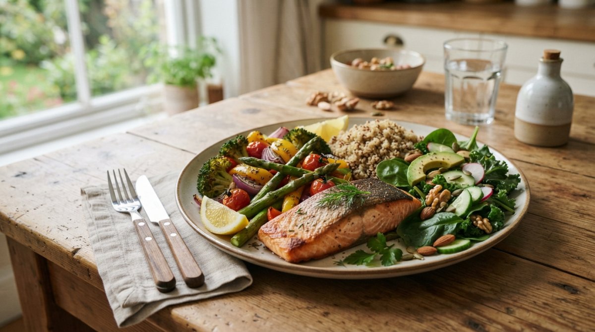 Colorful plate with grilled salmon fillet, quinoa, roasted broccoli, leafy greens, almonds, and olive oil drizzle on a wooden table with natural morning light streaming across