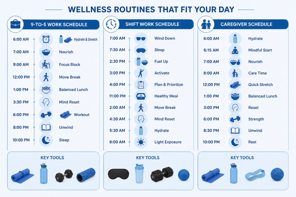 Infographic comparing daily wellness routines for 9-to-5 workers, shift workers, and caregivers.