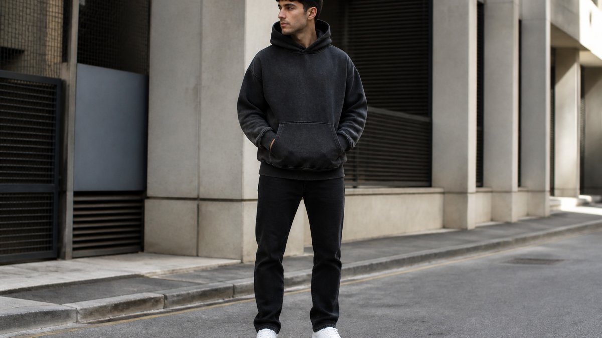 Man wearing oversized drop-shoulder hoodie in washed black with tapered black denim jeans and clean white trainers, standing in urban street setting with natural daylight
