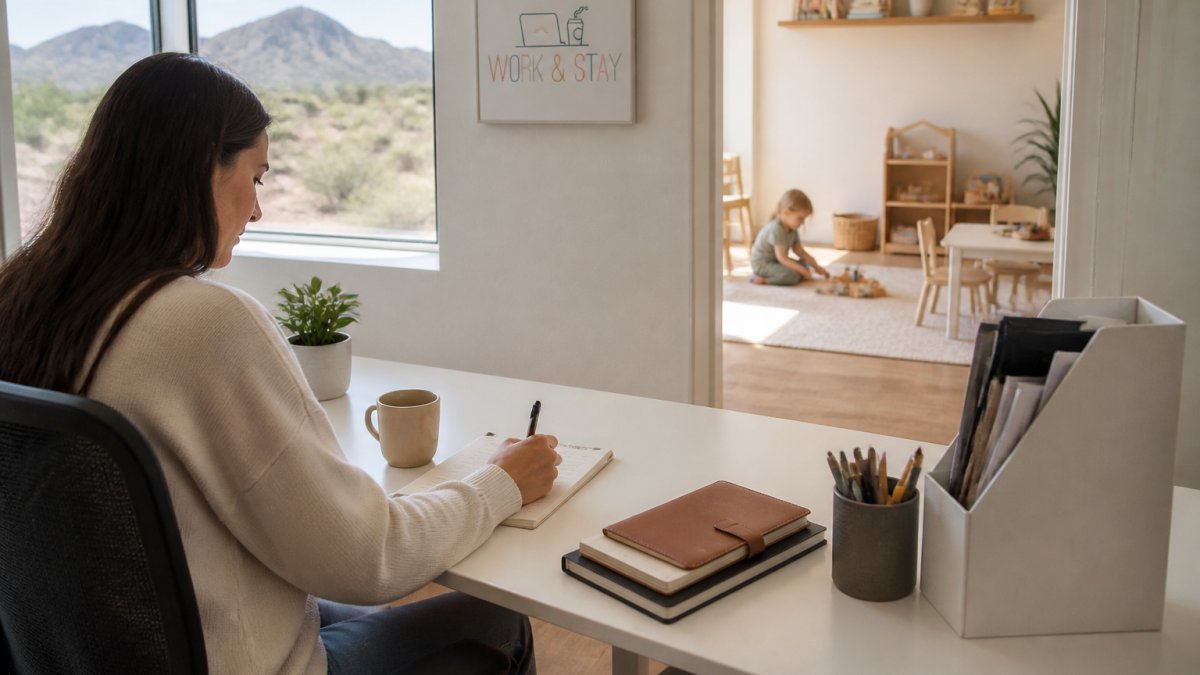Parent working at a tidy desk with a visible play area to balance remote work childcare needs.