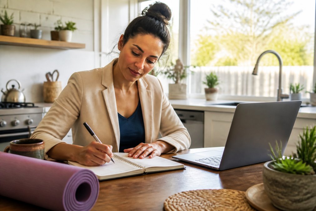 Infographic showing a time management schedule for balancing a 40-hour work week with yoga teacher training.
