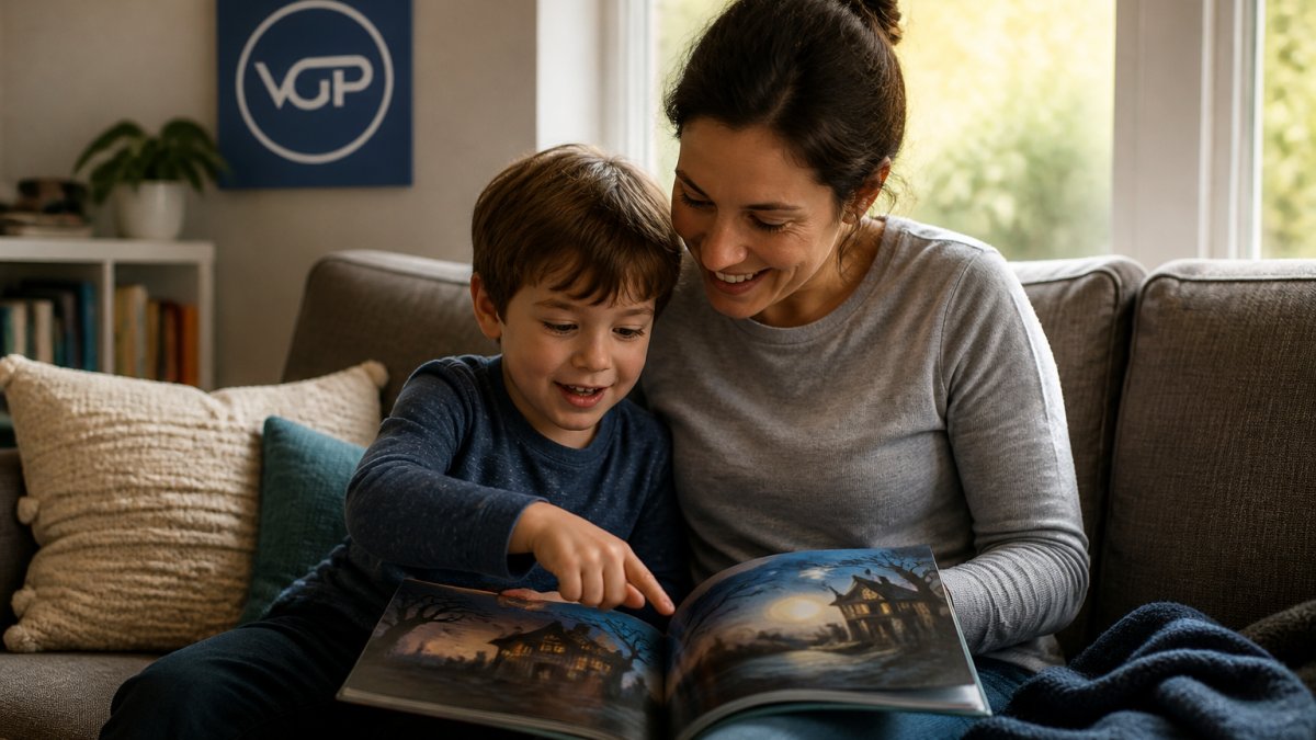 A parent and a young child sitting together on a couch reading an illustrated picture book, the child pointing at a page while the parent smiles, warm natural light from a window