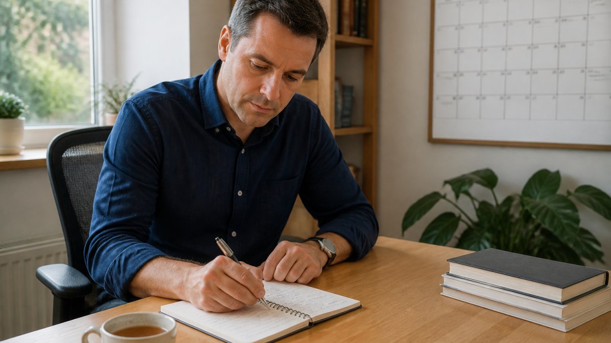 A manager in a bright home office writing a weekly study plan in a notebook beside a laptop and a cup of tea, with a wall calendar visible in the background