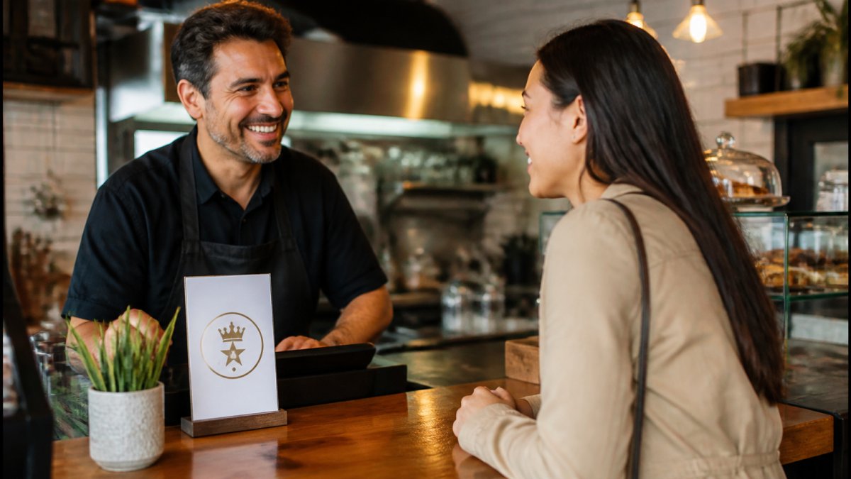 A restaurant owner and a customer smiling at a counter, with a small sign showing a loyalty program logo in the background, warm lighting