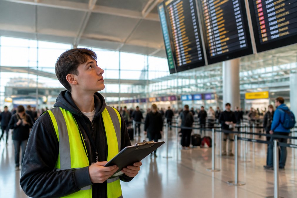 A university student in casual clothes standing in an airport terminal, holding a clipboard and looking at a departures board while wearing a high-vis vest
