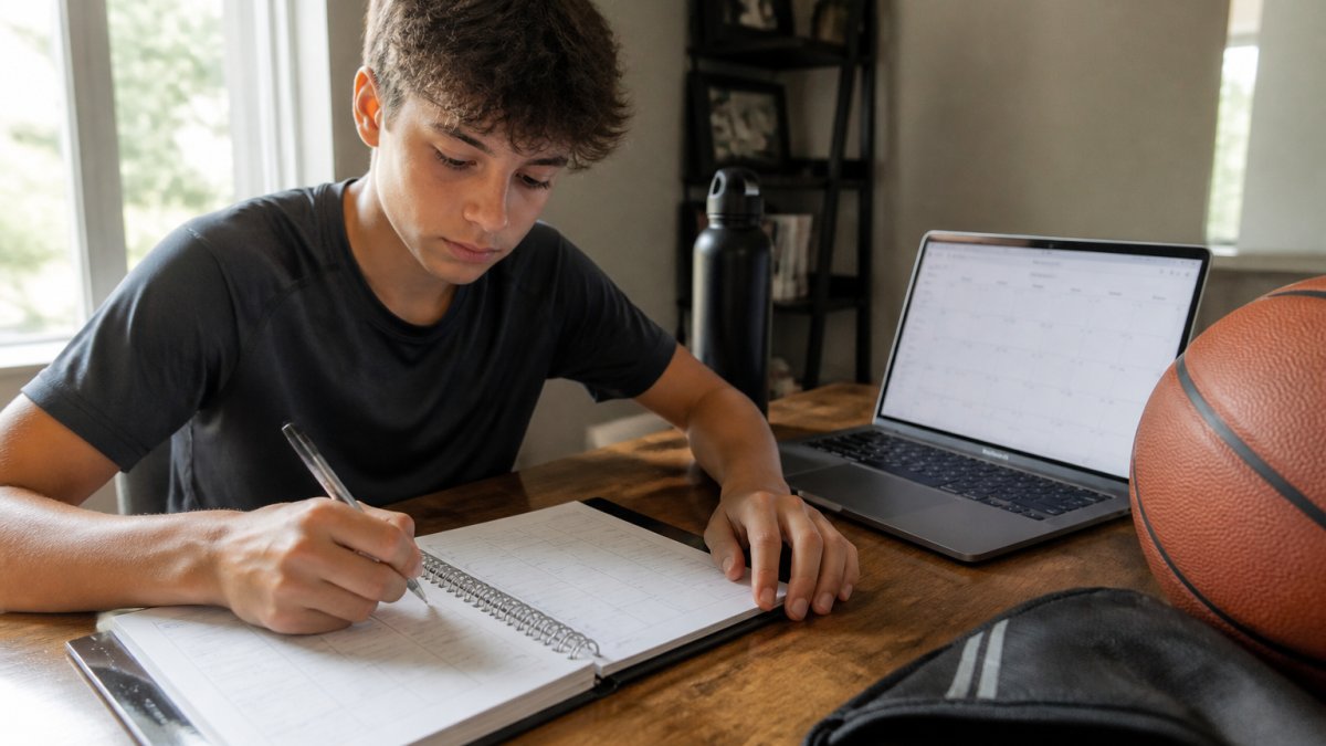 Student-athlete at wooden desk with open planner, laptop showing calendar, water bottle, and basketball nearby, concentrated expression while reviewing weekly schedule with natural window light