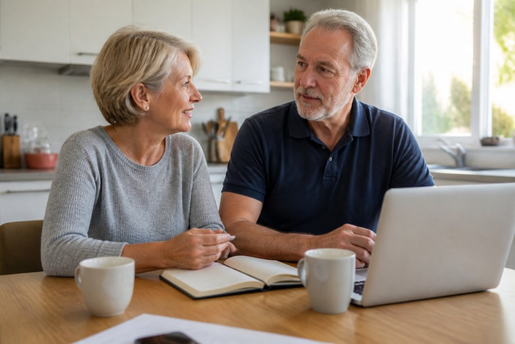 A couple in their early 60s sitting at a kitchen table with a laptop, notebook, and coffee, talking through retirement plans together in warm morning light