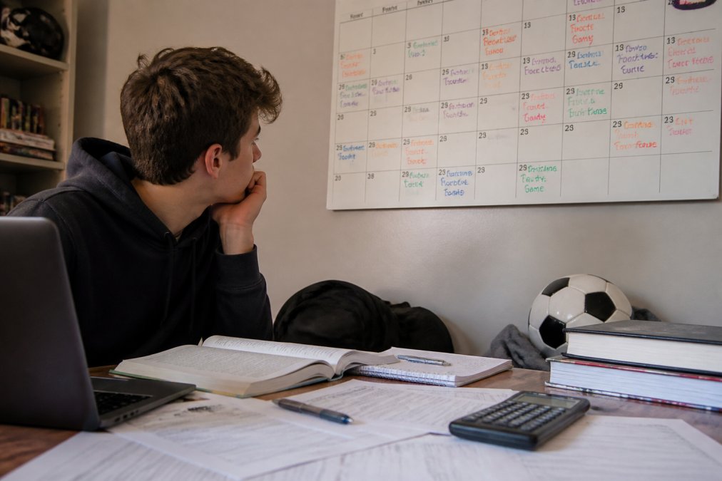 A tired high school student sitting at a desk with a laptop, books, and a soccer ball nearby, looking at a wall calendar filled with colorful event markers and practice times