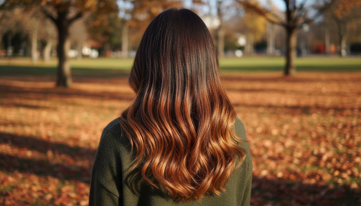 Close-up di una donna con capelli castani scuri che cadono sulle spalle, con ciocche sfumate in toni caramello e miele che captano la luce calda di un salone di parrucchieri, colorista che sistema le lunghezze sullo sfondo
