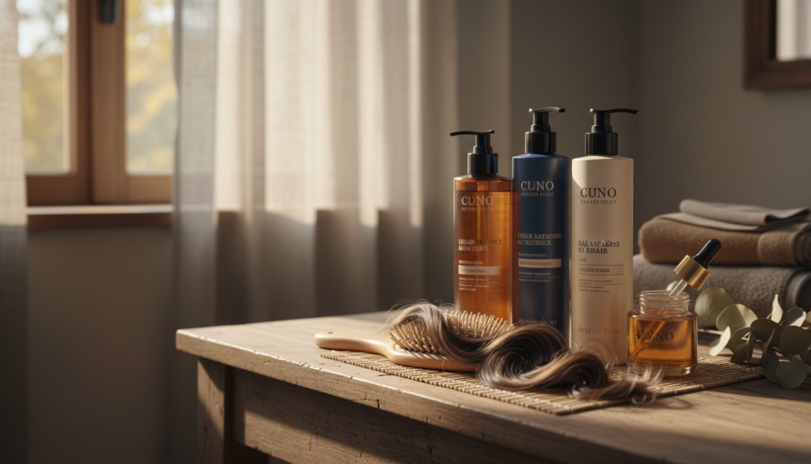 Ripiano di bagno con shampoo viola, olio illuminante e balsamo per capelli colorati disposti ordinatamente, asciugamano bianco arrotolato e pettine a denti larghi sullo sfondo, luce naturale che filtra da una finestra