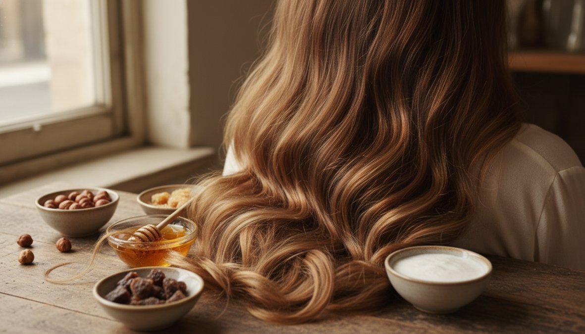 Close-up di una donna con capelli castani lunghi sciolti, illuminata da luce naturale soffusa che esalta sfumature calde caramello e miele sulle lunghezze, con radici scure visibili e un effetto sunkissed pronunciato